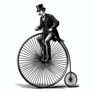 A black and white cartoon of a man on a "Penny Farthing" bicycle, with one enormous wheel up front, and a tiny wheel in the back.